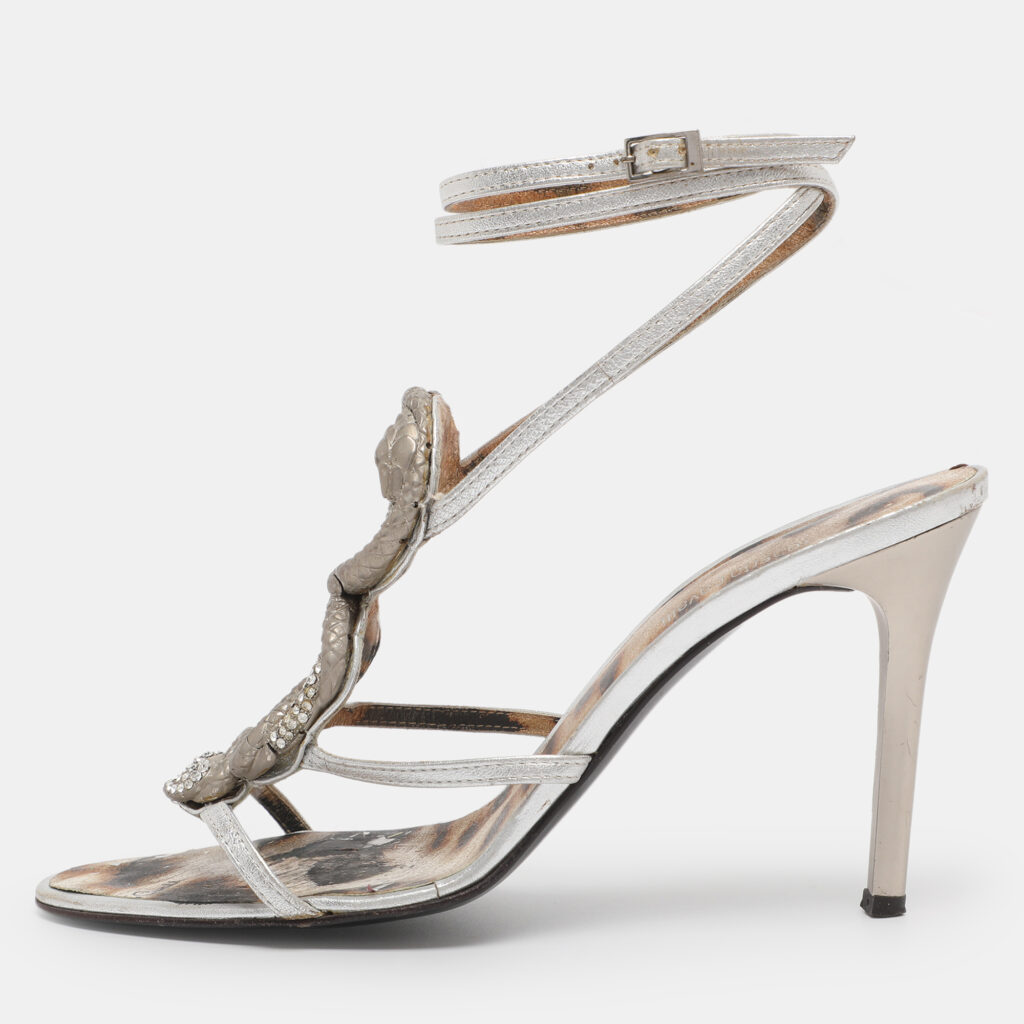 Roberto Cavalli Silver Leather Heart Snake Ankle Strap Sandals Size 38 Roberto Cavalli Silver Leather Heart Snake Ankle Strap Sandals Size 38