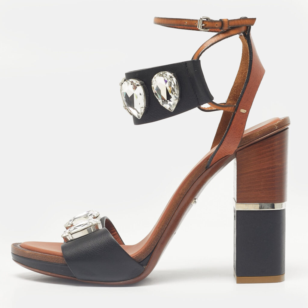 luxury-women-roberto-cavalli-used-shoes-p1226173-010.jpg Roberto Cavalli Brown/Black Leather Crystal Embellished Ankle Strap Sandals Size 38