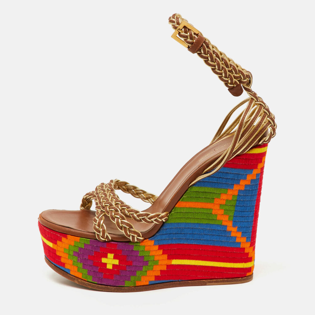 Roberto Cavalli Gold Braided Leather Platform Wedge Ankle Strap Sandals Size 38 Roberto Cavalli Gold Braided Leather Platform Wedge Ankle Strap Sandals Size 38