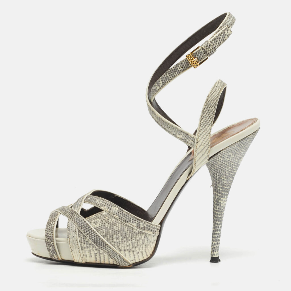 Roberto Cavalli Size 39 Grey Lizard Embossed Leather Ankle Strap Sandals Roberto Cavalli Size 39 Grey Lizard Embossed Leather Ankle Strap Sandals