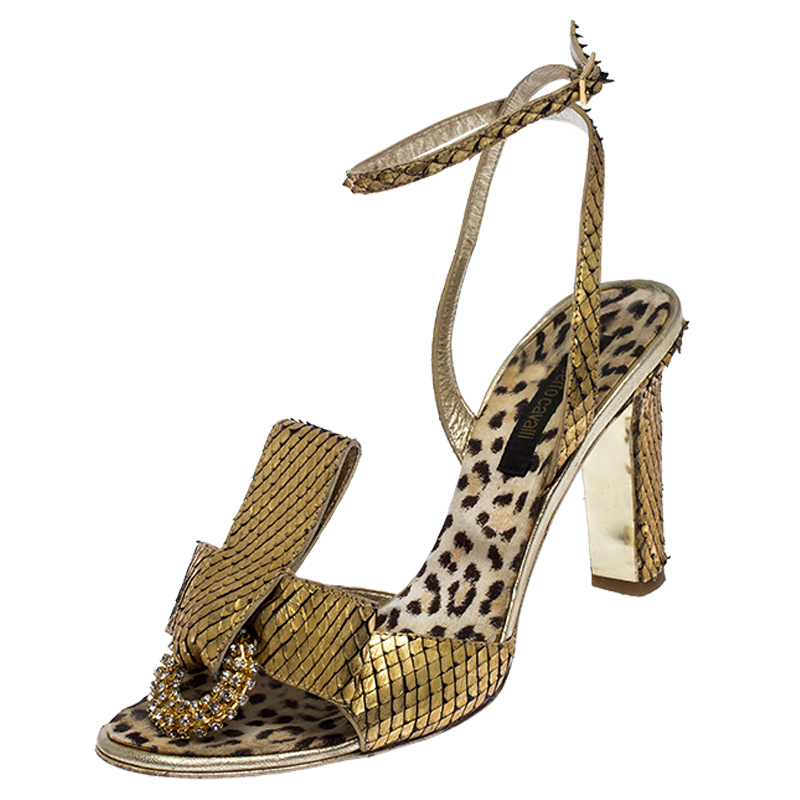 Roberto Cavalli Metallic Gold Python Leather Embellished Ankle Strap Sandals Size 38 Roberto Cavalli Metallic Gold Python Leather Embellished Ankle Strap Sandals Size 38