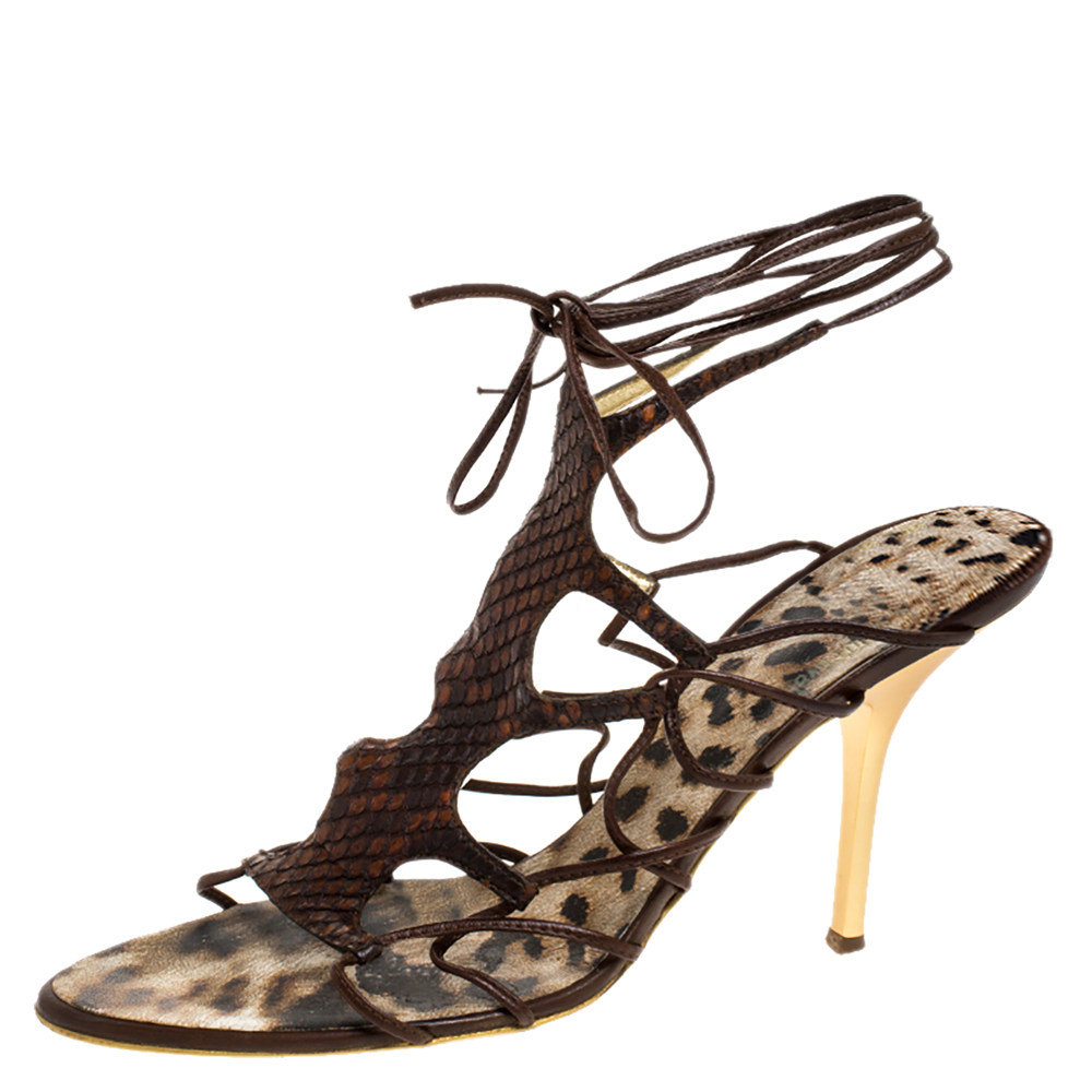 Roberto Cavalli Brown Python Lace Up Ankle Tie Sandals Size 40 Roberto Cavalli Brown Python Lace Up Ankle Tie Sandals Size 40