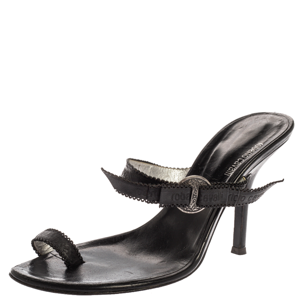 Roberto Cavalli Black Leather Toe Ring Sandals Size 37 Roberto Cavalli Black Leather Toe Ring Sandals Size 37