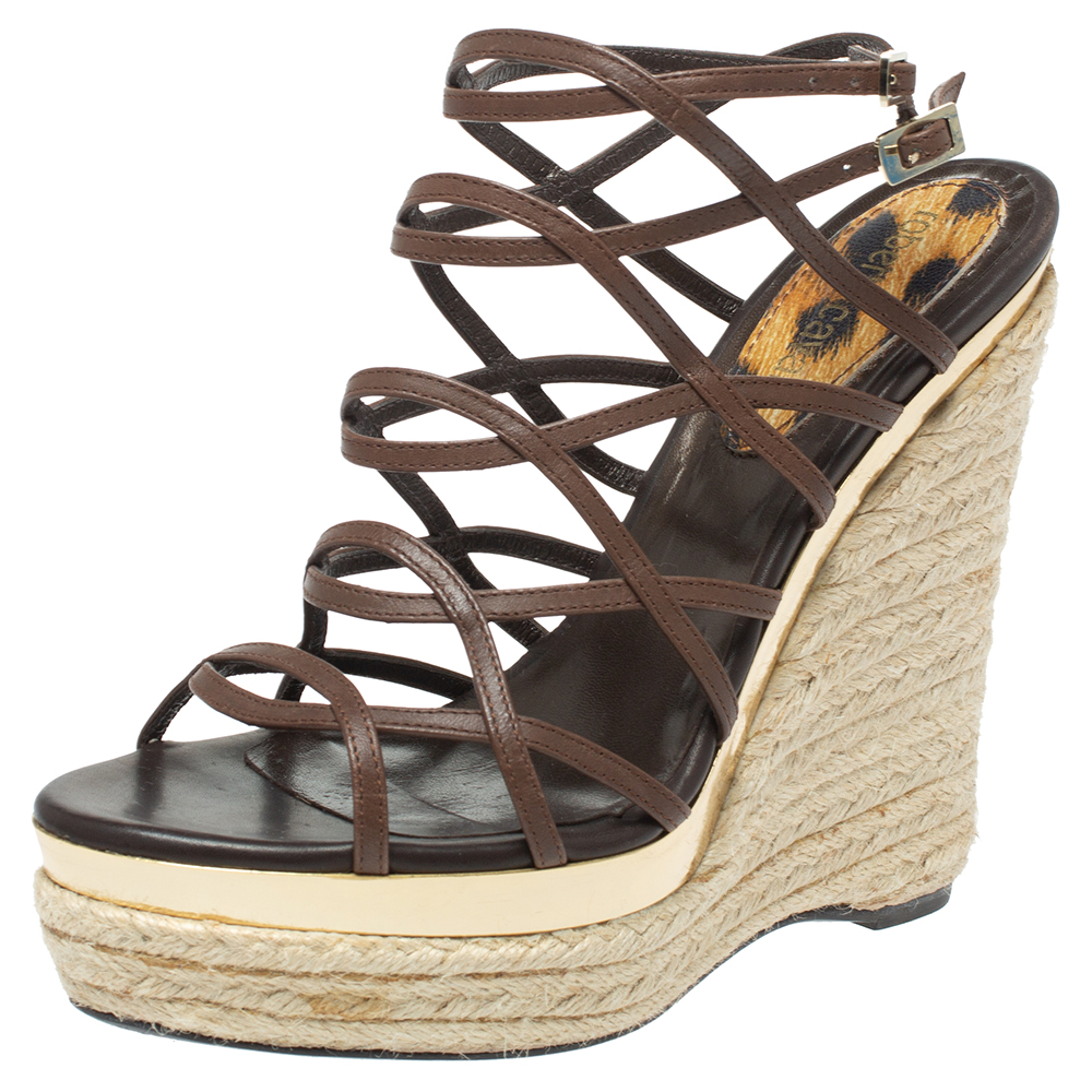 Roberto Cavalli Brown Leather Wedge Platform Espadrille Strappy Sandals Size 35 Roberto Cavalli Brown Leather Wedge Platform Espadrille Strappy Sandals Size 35