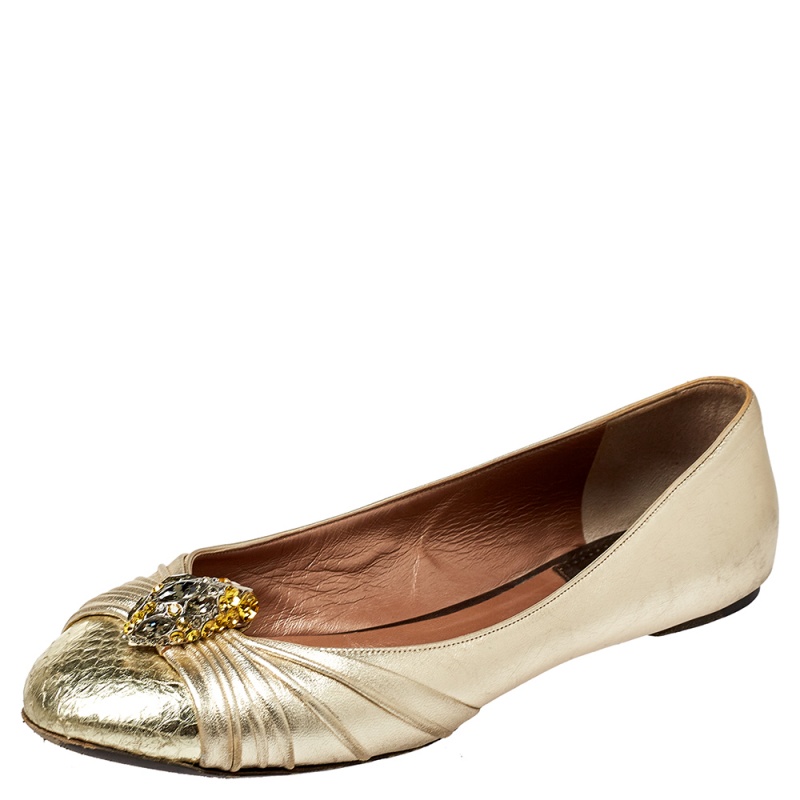 Roberto Cavalli Metallic Gold Leather Snake Head Crystal Embellished Ballet Flats Size 39.5 Roberto Cavalli Metallic Gold Leather Snake Head Crystal Embellished Ballet Flats Size 39.5