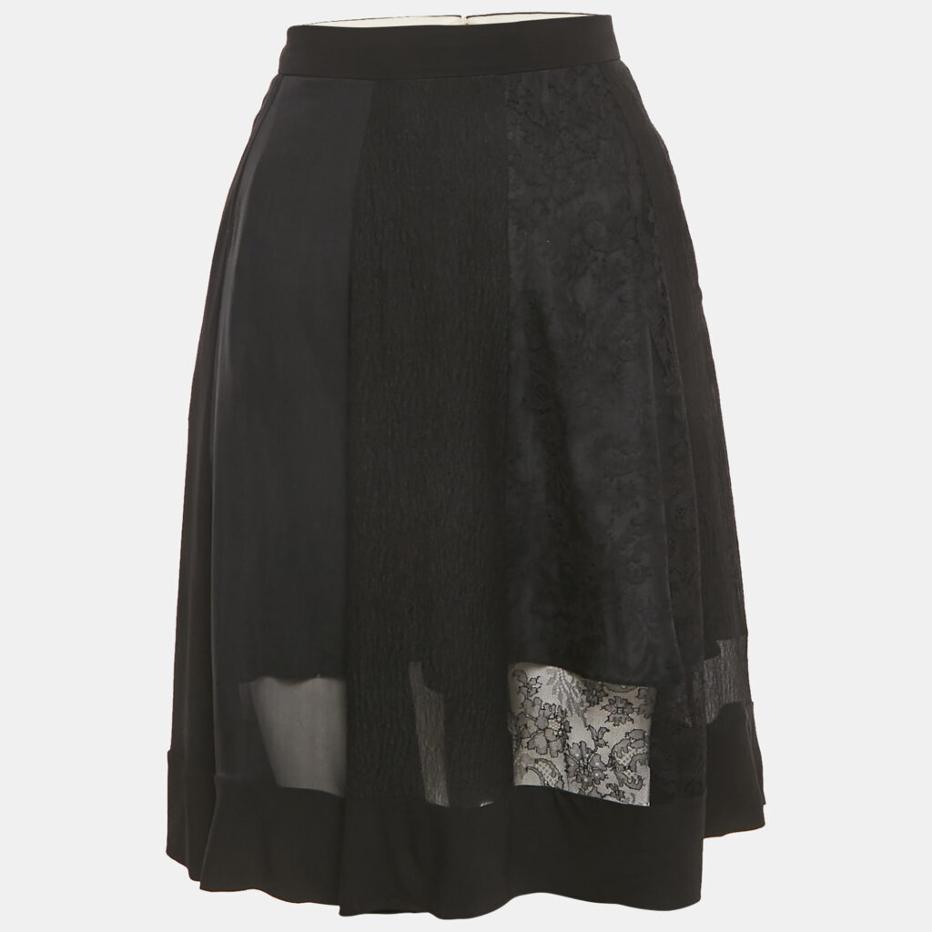 Rochas Black Crinkled Crepe & Lace Paneled Mini Skirt M Rochas Black Crinkled Crepe & Lace Paneled Mini Skirt M