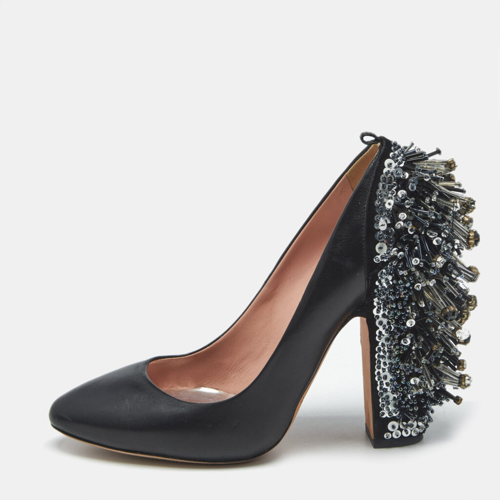 Rochas Black Leather Crystal Embellished Block Heel Pumps Size 39