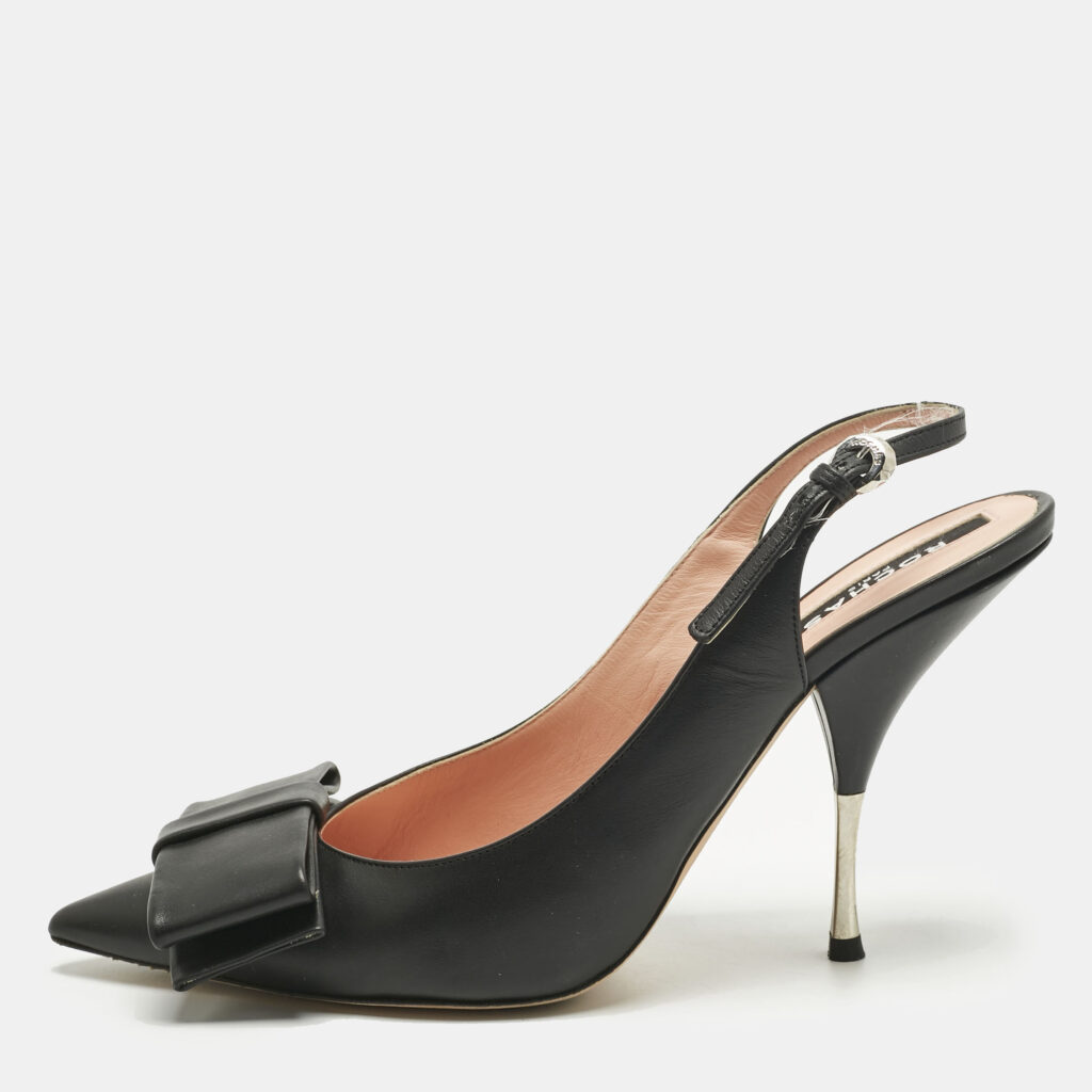 Rochas Black Leather Bow Slingback Pumps Size 40