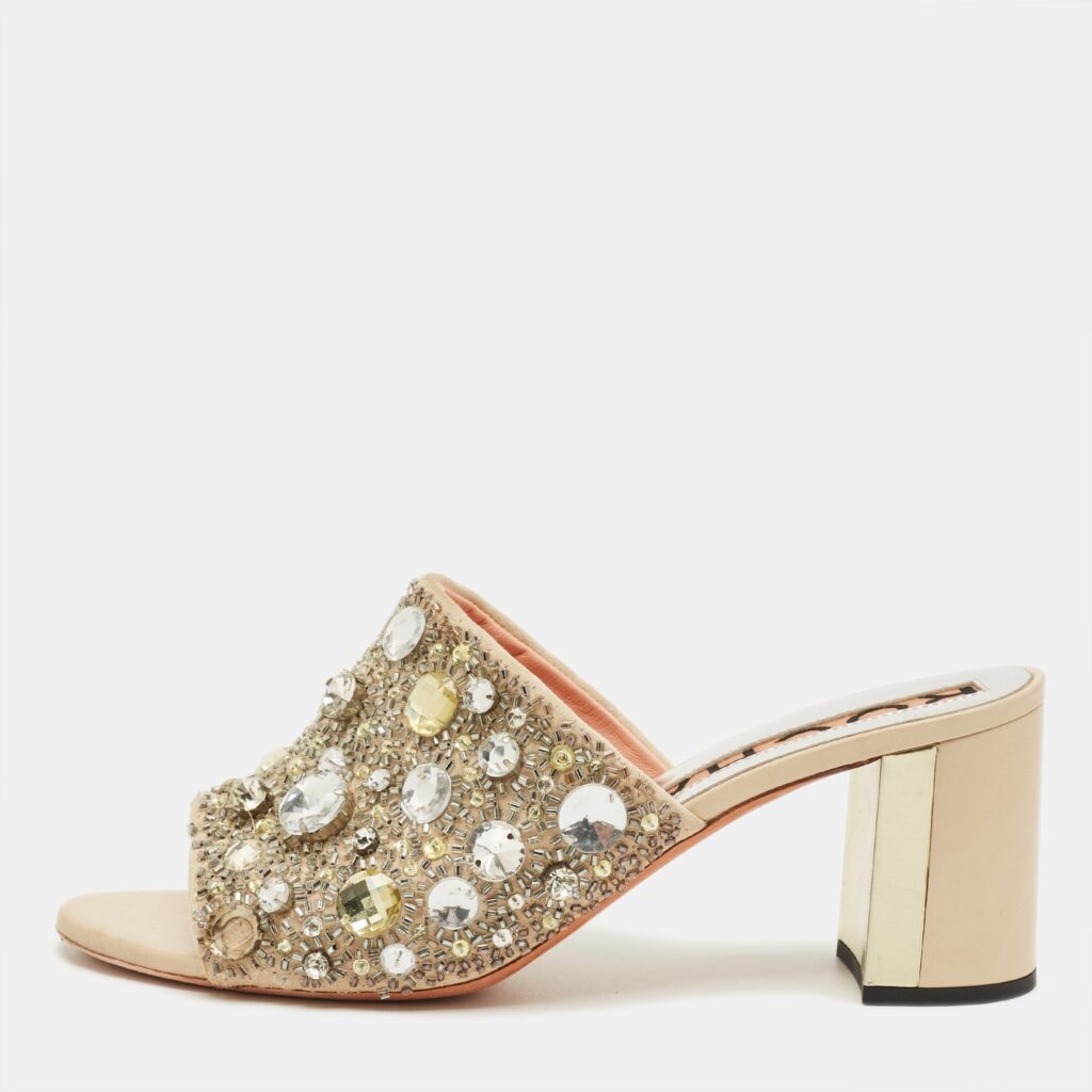 Rochas Beige Suede Crystal Embellished Slide Sandals Size 40