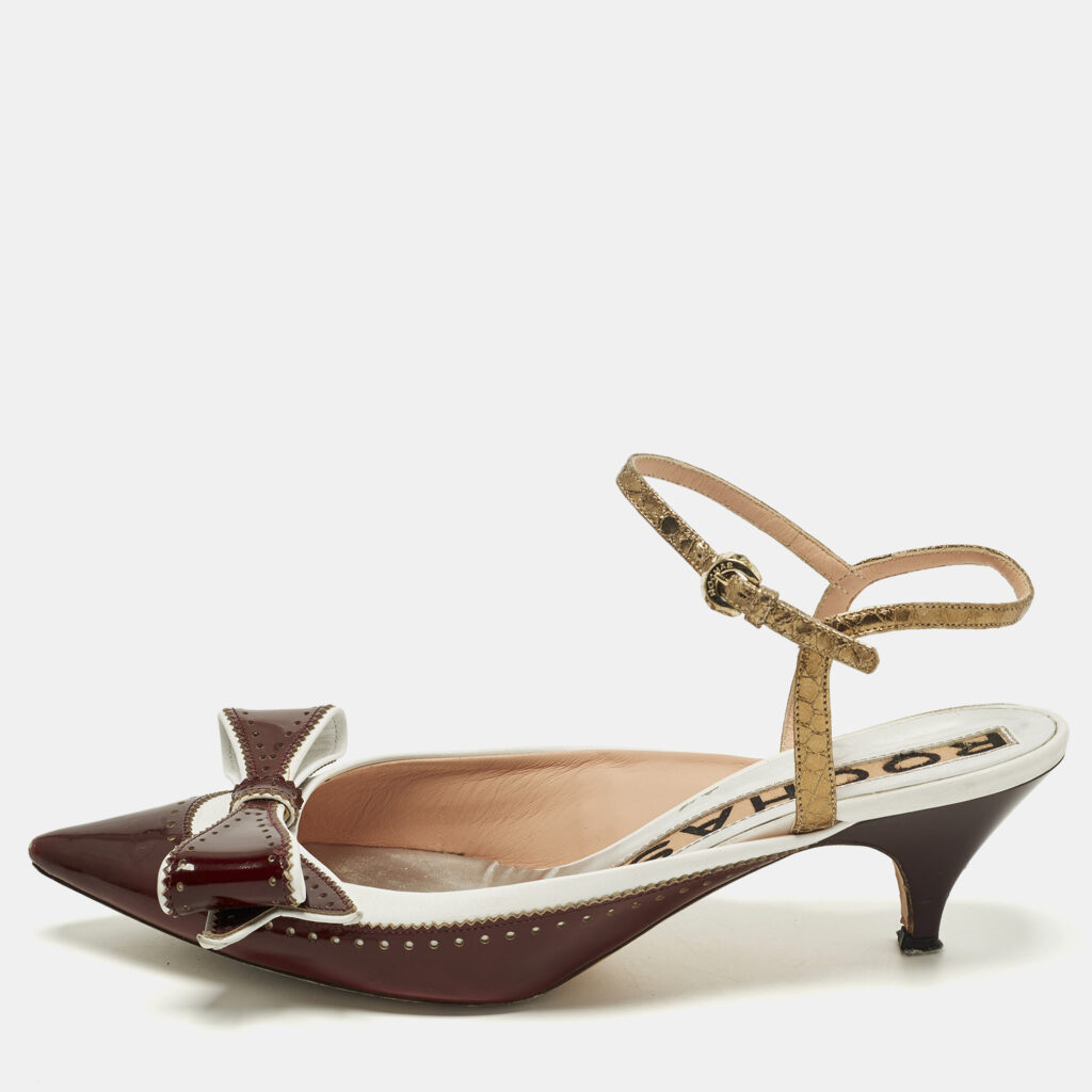 Rochas Size 39.5 Burgundy/White Patent and Leather Bow Ankle Strap Pumps