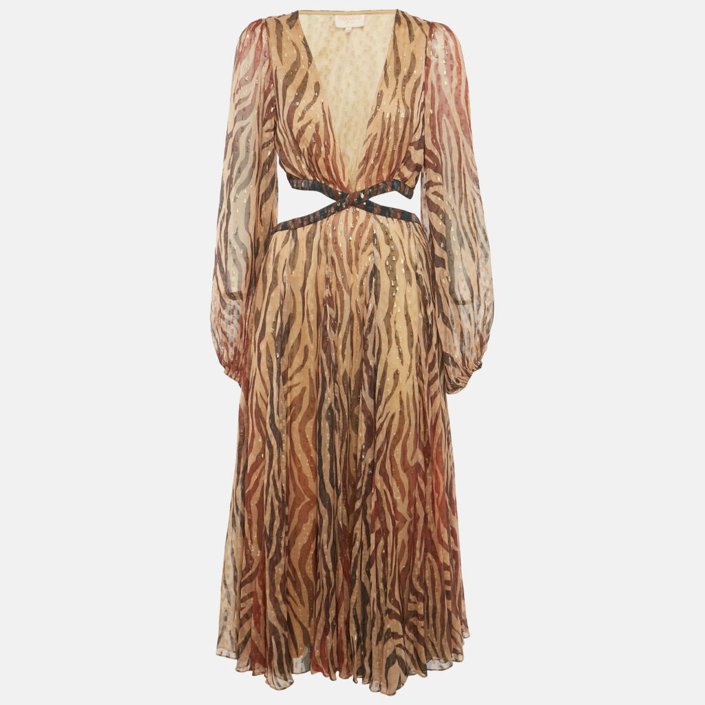 Rococo Sand Brown Animal Print Crepe Brocade Cut-Out Midi Dress M Rococo Sand Brown Animal Print Crepe Brocade Cut-Out Midi Dress M
