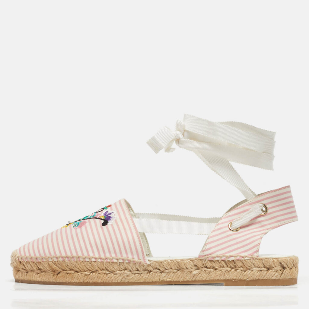 Roger Vivier Pink/White Stripe Fabric Ankle Wrap Espadrille Flats Size 40 Roger Vivier Pink/White Stripe Fabric Ankle Wrap Espadrille Flats Size 40