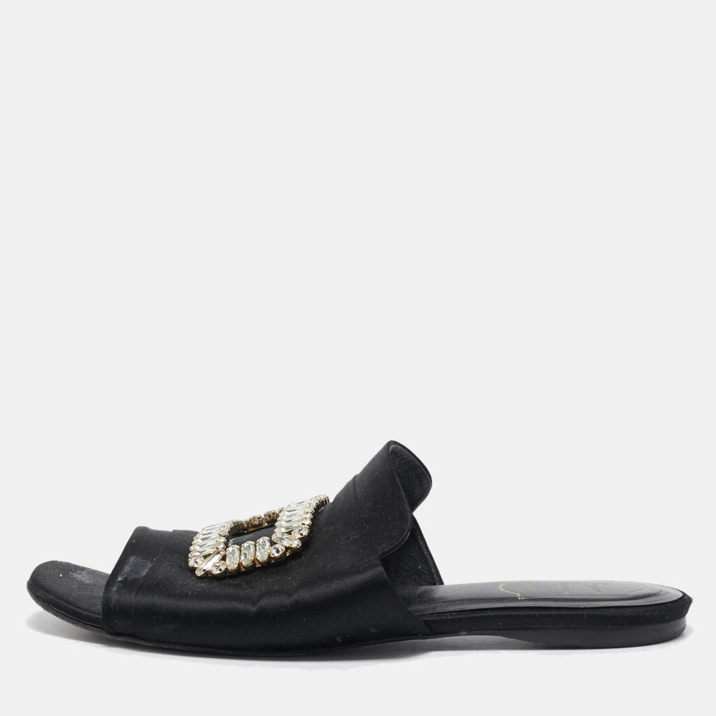 Roger Vivier Black Satin Crystal Embellished Flat Mules Size 40 Roger Vivier Black Satin Crystal Embellished Flat Mules Size 40