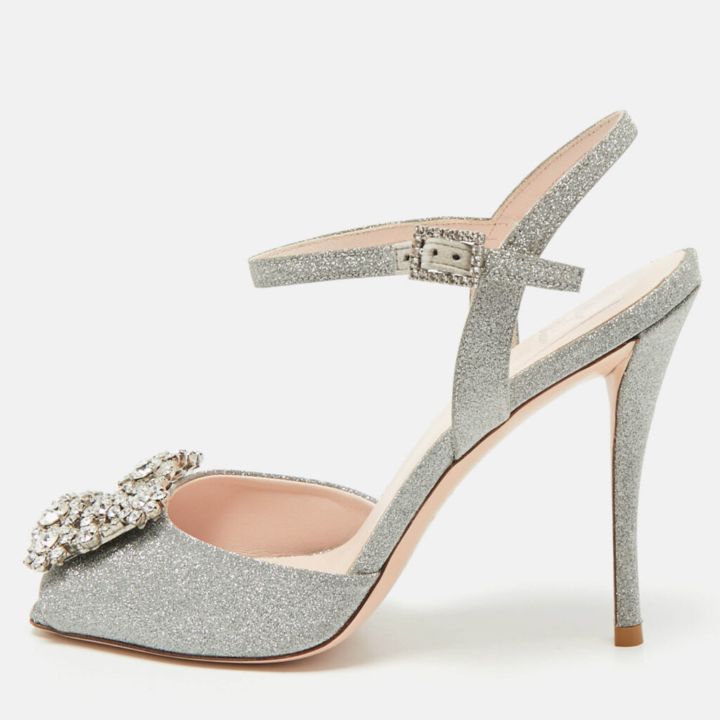 Roger Vivier Silver Glitter Crystal Embellished Ankle Strap Sandals Size 37 Roger Vivier Silver Glitter Crystal Embellished Ankle Strap Sandals Size 37