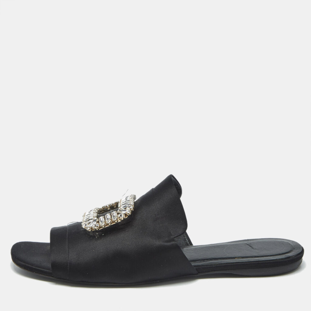 Roger Vivier Black Satin Crystal Embellished Slide Sandals Size 41 Roger Vivier Black Satin Crystal Embellished Slide Sandals Size 41