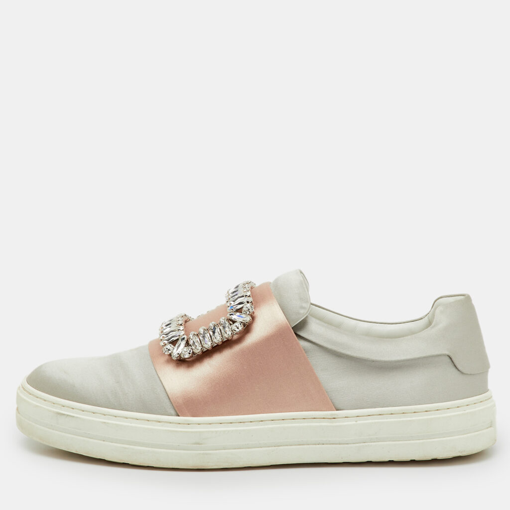 Roger Vivier Light Grey/Beige Satin Crystal Embellished Sneaky Viv Slip On Sneakers Size 38