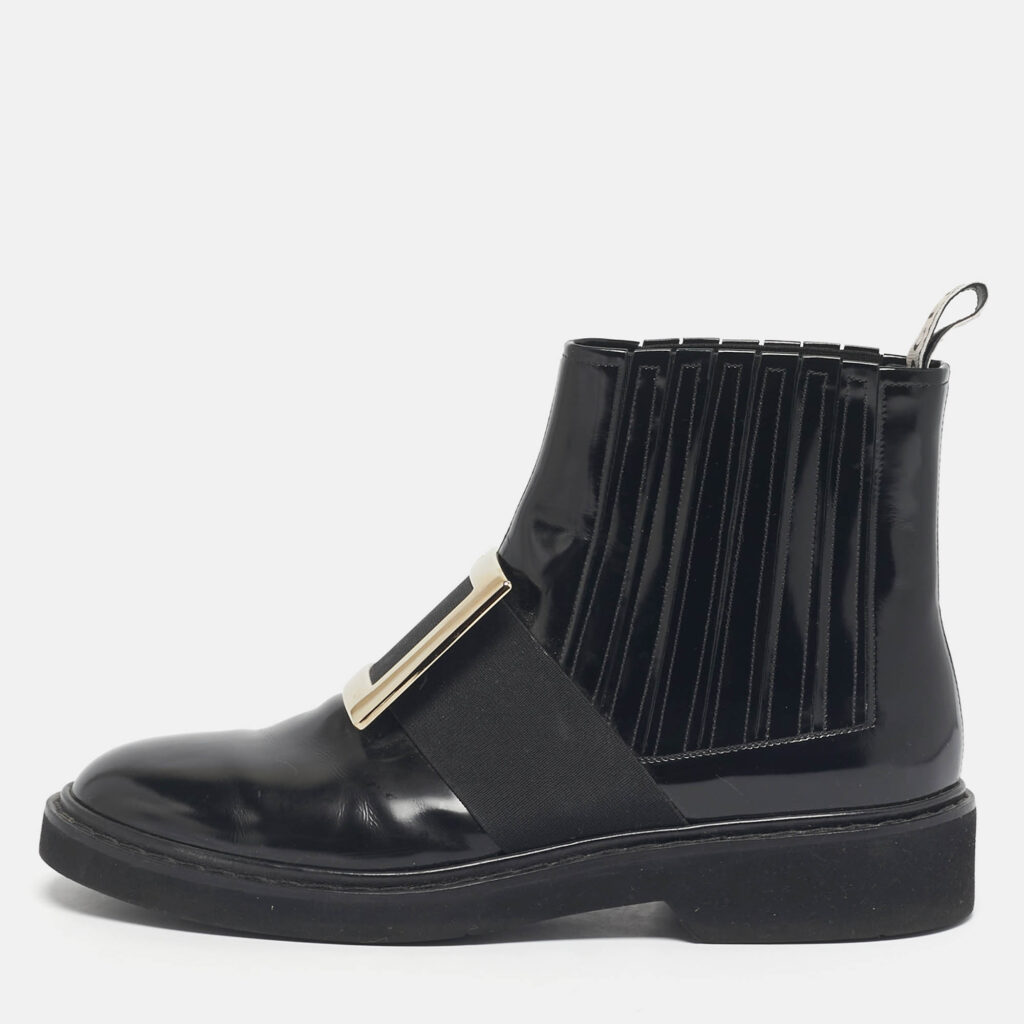 Roger Vivier Black Patent Leather Viv' Rangers Metal Buckle Chelsea Boots Size 40