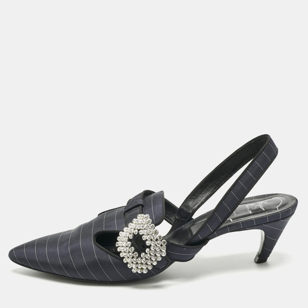 Roger Vivier Navy Blue Fabric Crystal Embellished Slingback Pumps Size 39