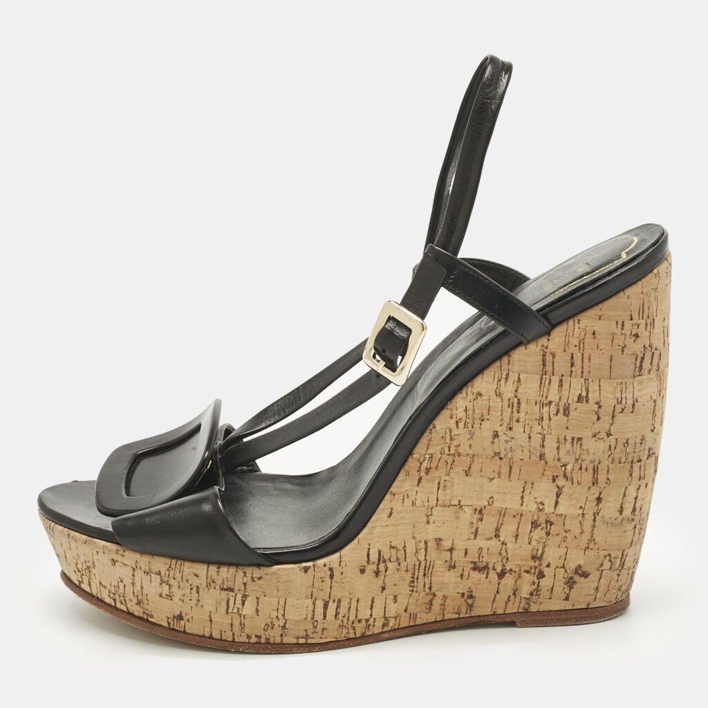 Roger Vivier Black Leather Buckle Wedge Slingback Sandals Size 40 Roger Vivier Black Leather Buckle Wedge Slingback Sandals Size 40