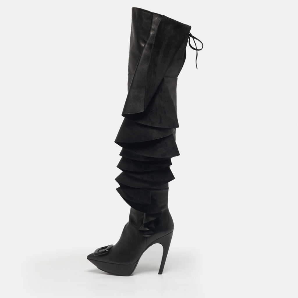 Roger Vivier Black Leather and Suede Rouches Cuissards Over The Knee Boots Size 38