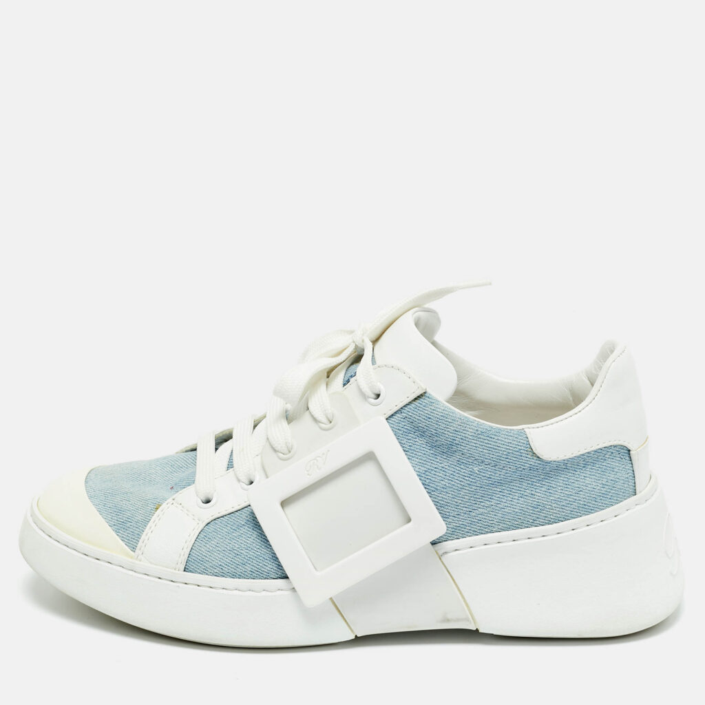 Roger Vivier White/Blue Denim and Leather Viv Skate Sneakers Size 39 Roger Vivier White/Blue Denim and Leather Viv Skate Sneakers Size 39