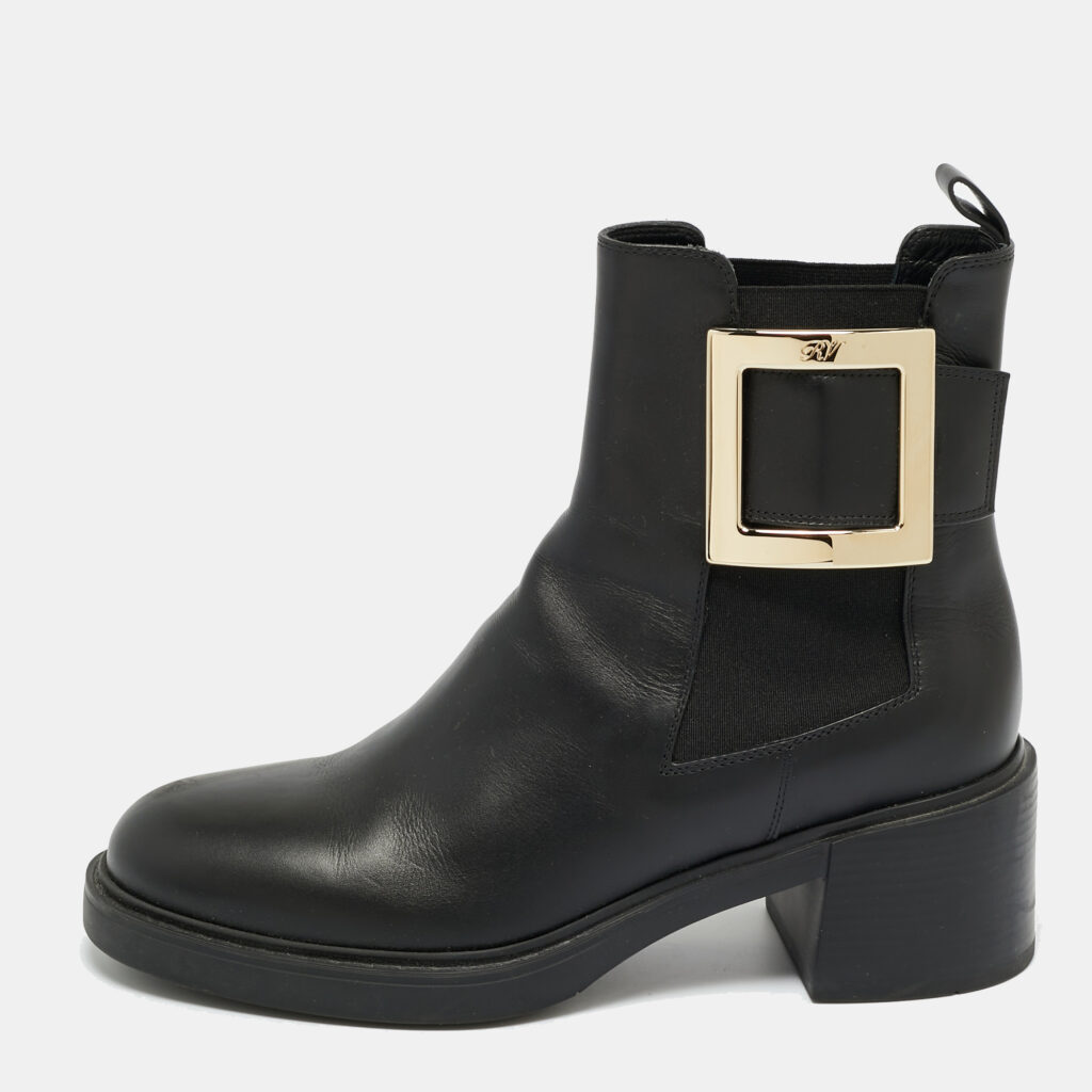 Roger Vivier Black Leather Buckle Ankle Length Boots Size 38