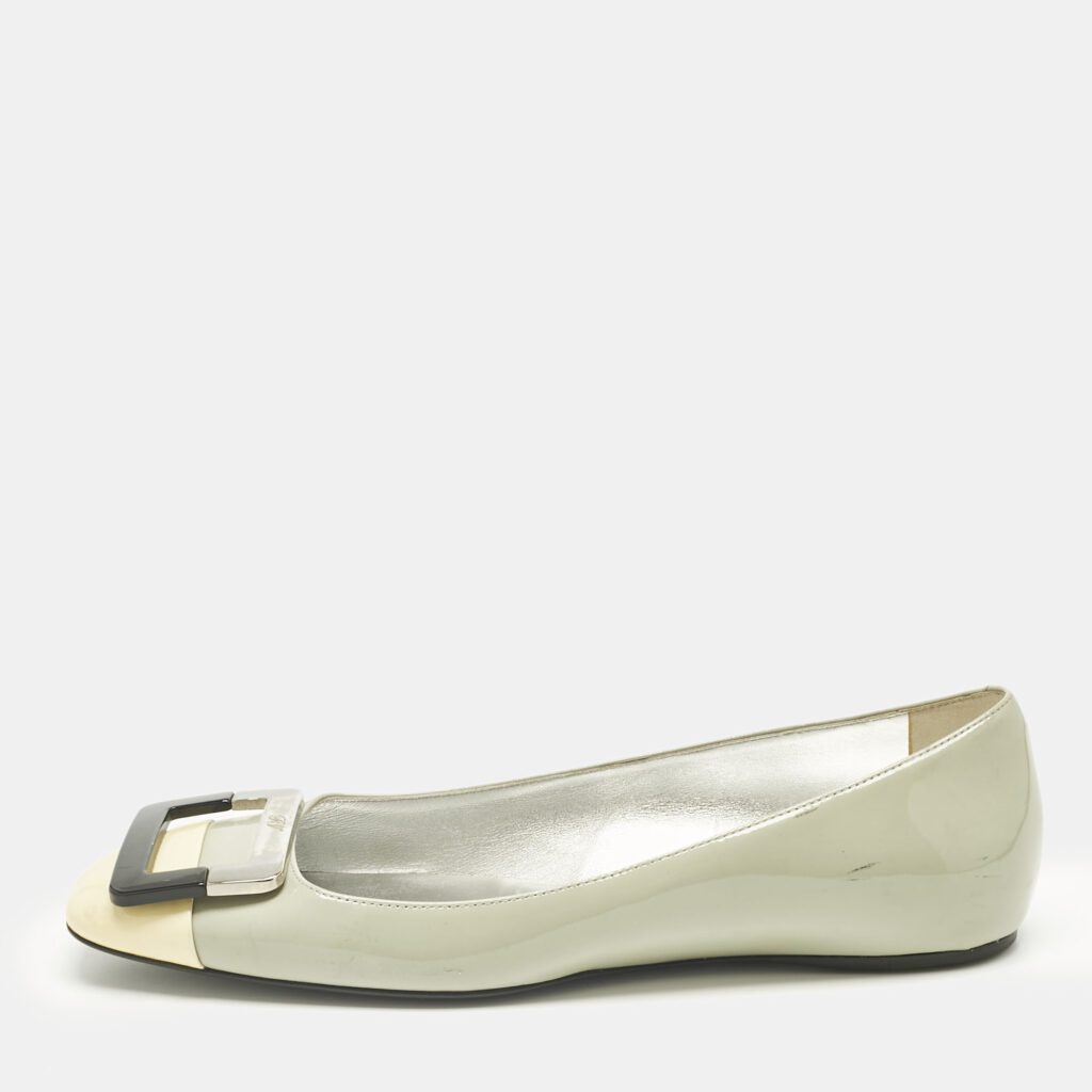 luxury-women-roger-vivier-used-shoes-p1242513-001.jpg Roger Vivier Pastel Green/Yellow Patent Leather Square Cap Toe Ballet Flats Size 38.5