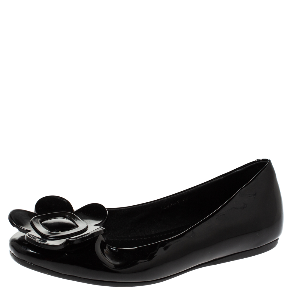 Roger Vivier Black Floral Applique Patent Leather Ballet Flats Size 39