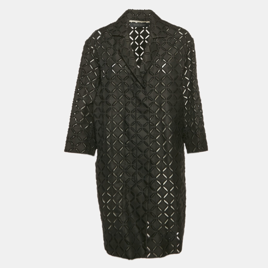 Roland Mouret Black Eyelet Pattern Cotton Blend Button Front Coat M Roland Mouret Black Eyelet Pattern Cotton Blend Button Front Coat M