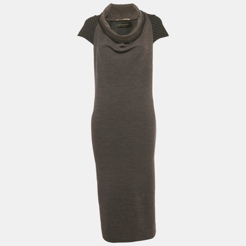 Roland Mouret Grey Jacquard Trim Wool Knit Mock Neck Midi Dress M