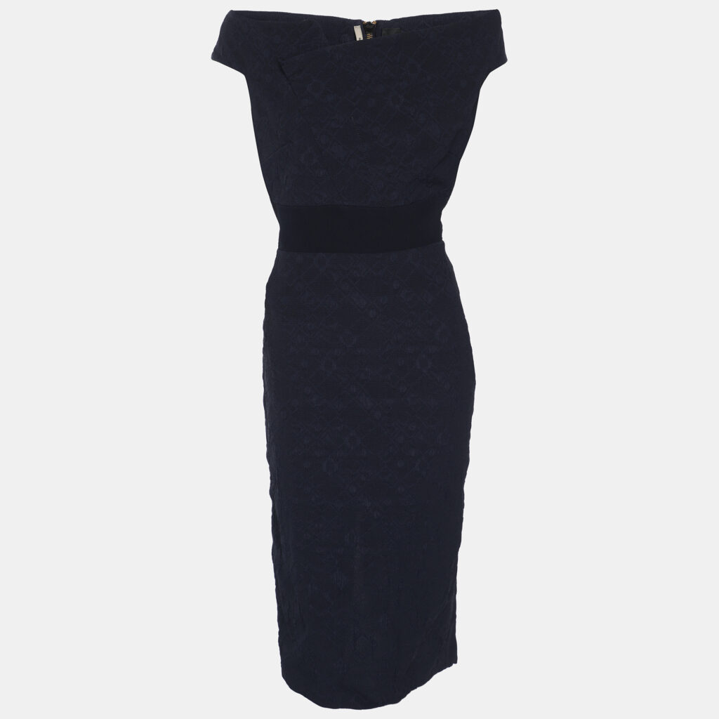 Roland Mouret Navy Blue Jacquard Off-Shoulder Bodycon Dress L Roland Mouret Navy Blue Jacquard Off-Shoulder Bodycon Dress L
