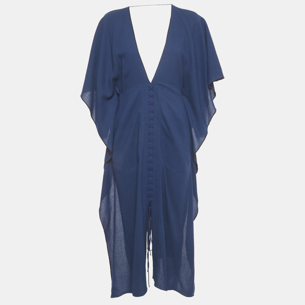 Roland Mouret Blue Wool Lace-Up Detail Midi Kaftan Dress M Roland Mouret Blue Wool Lace-Up Detail Midi Kaftan Dress M