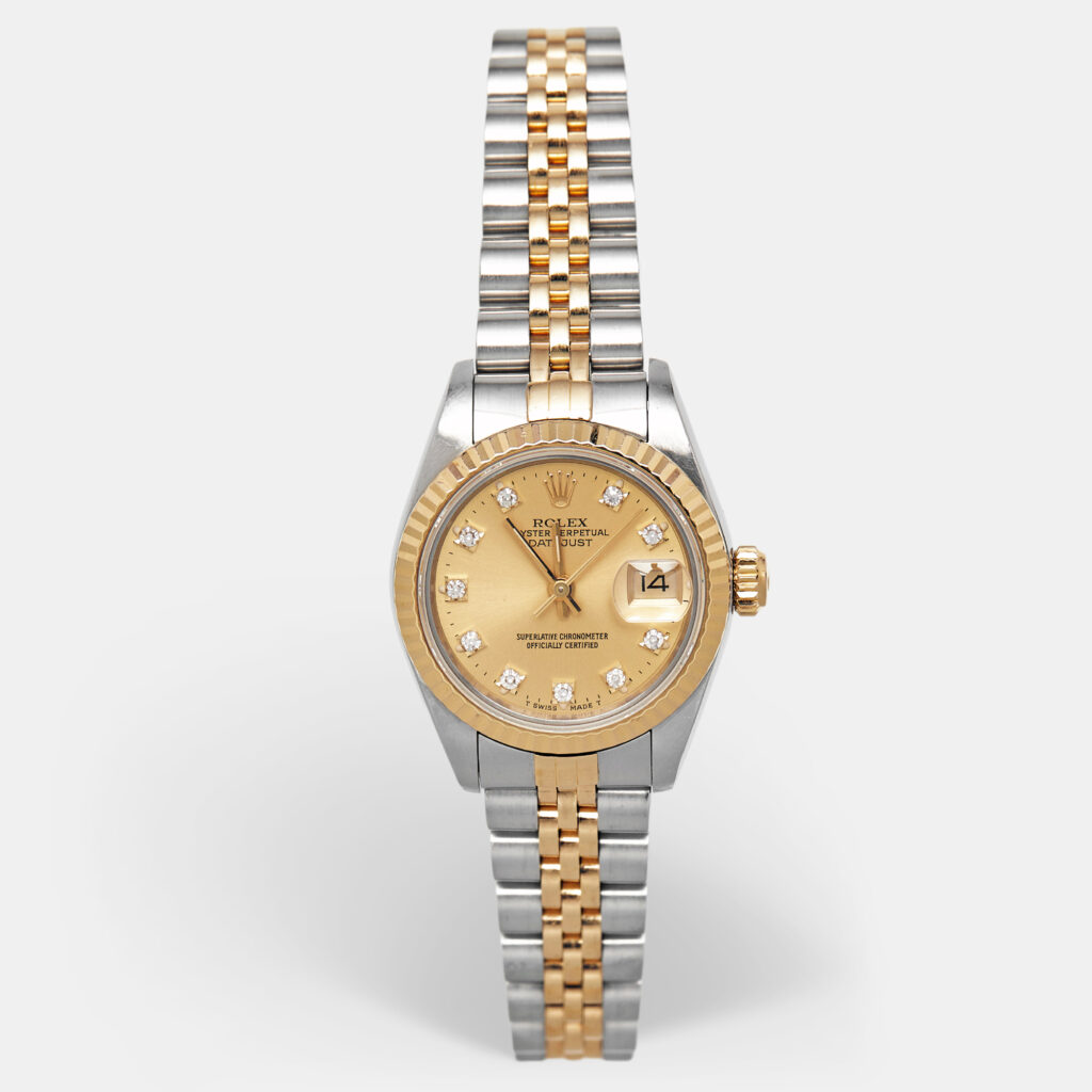 luxury-women-rolex-used-watches-p1234231-001-1.jpg Rolex Datejust 69173 Champagne Dial Diamond 18K Yellow Gold Stainless Steel Women's Wristwatch 26 mm