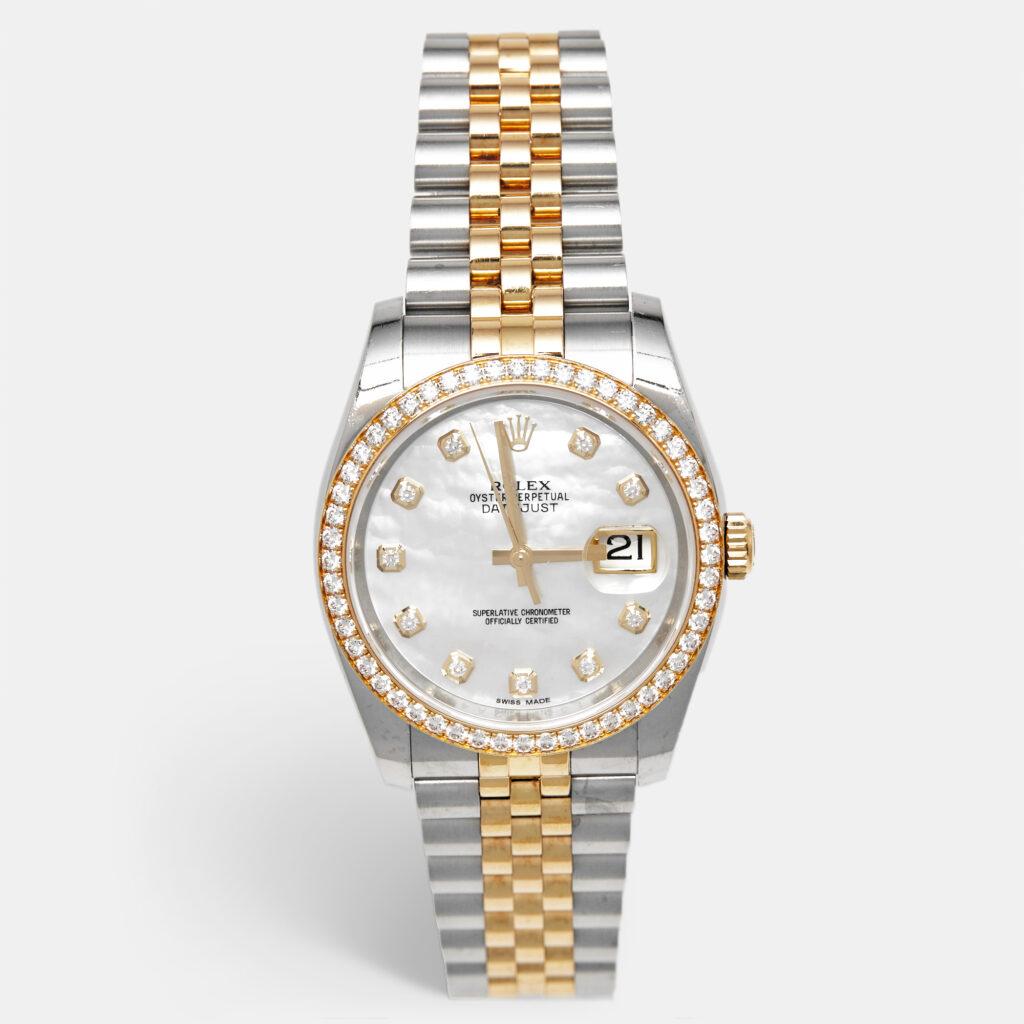 Rolex Datejust 116243-0018 White Mother Of Pearl Dial 18K Yellow Gold Stainless Steel Diamond Men's Wristwatch 36 mm Rolex Datejust 116243-0018 White Mother Of Pearl Dial 18K Yellow Gold Stainless Steel Diamond Men's Wristwatch 36 mm