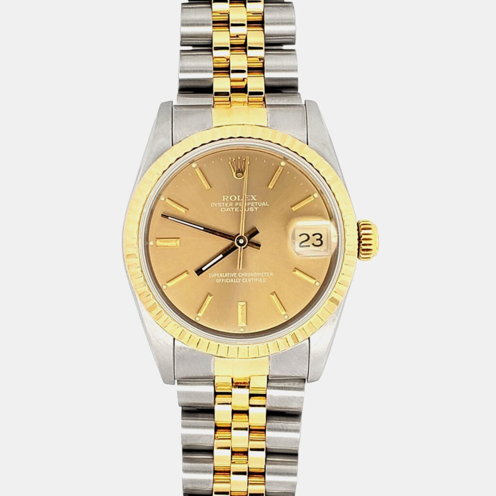 luxury-women-rolex-used-watches-p1242835-004-1.jpeg Rolex Datejust 68273 Automatic Champagne Index Dial Yellow Gold Stainless Steel Women's Wristwatch 31 mm