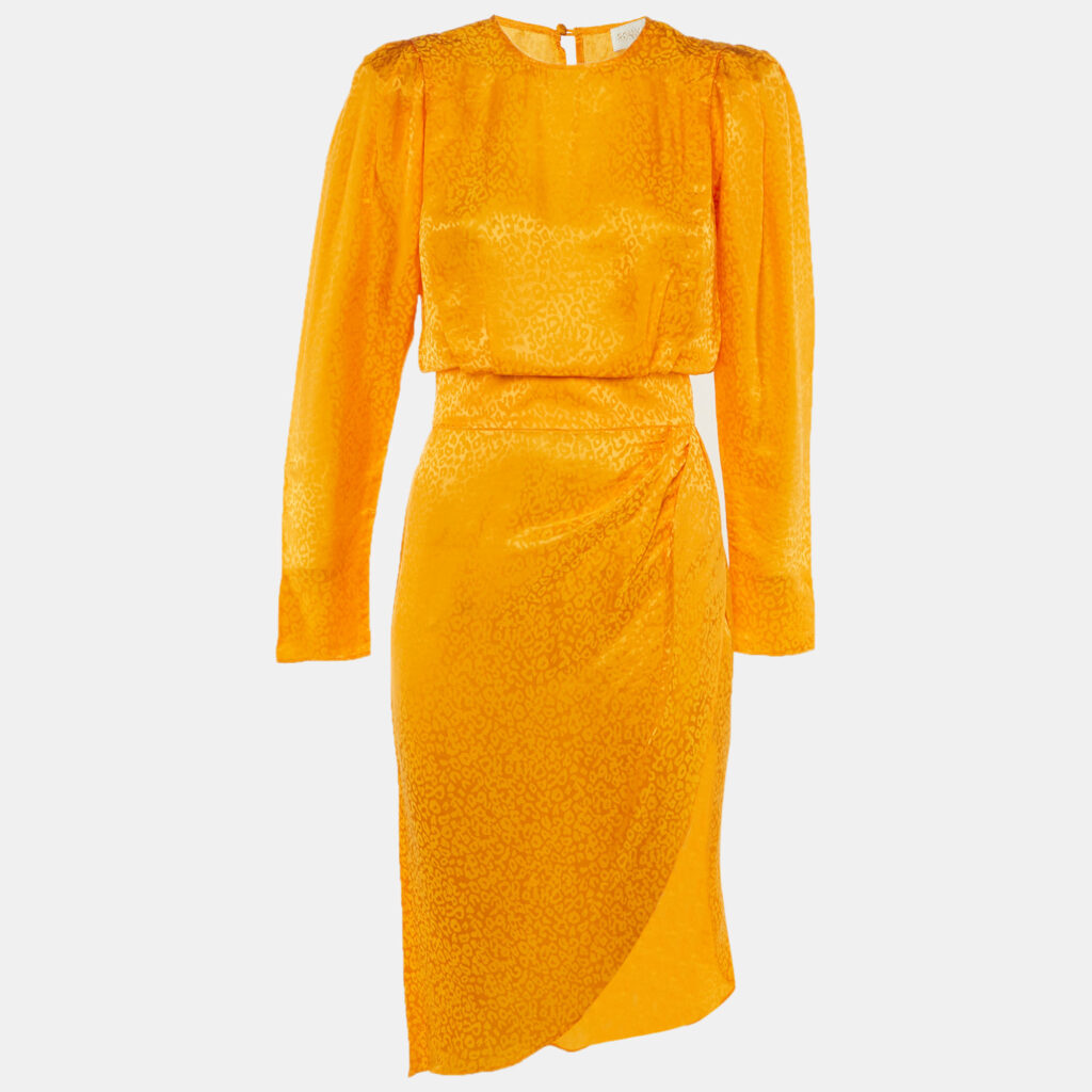Ronny Kobo Marigold Orange Satin Jacquard Asymmetrical Midi Dress S Ronny Kobo Marigold Orange Satin Jacquard Asymmetrical Midi Dress S