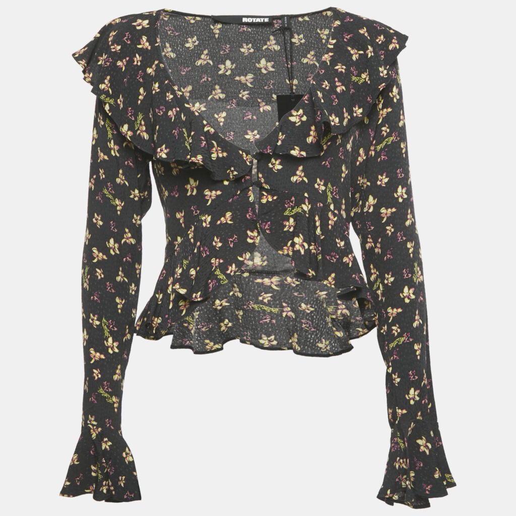 ROTATE Birger Christensen Black Floral Crepe Frill Blouse S ROTATE Birger Christensen Black Floral Crepe Frill Blouse S