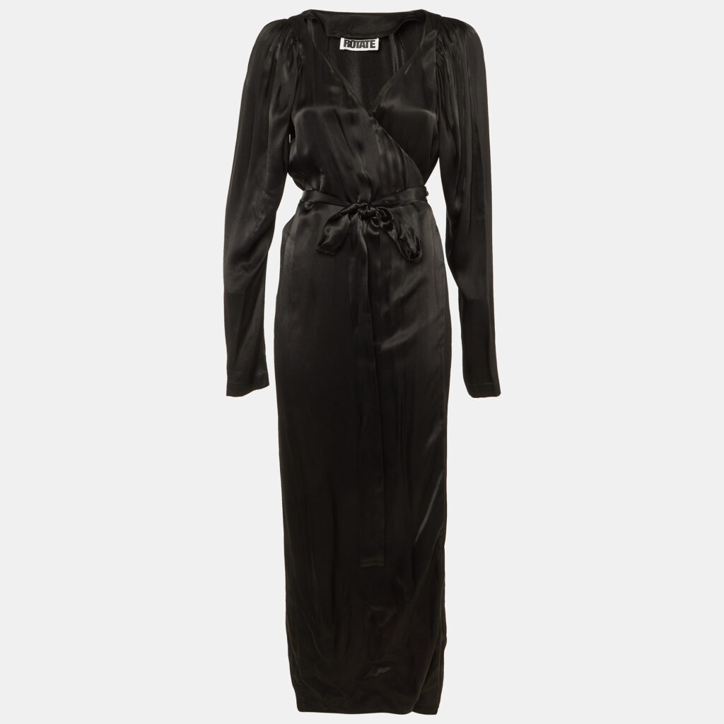 ROTATE BIRGER CHRISTENSEN Black Satin Wrap Around Maxi Dress M