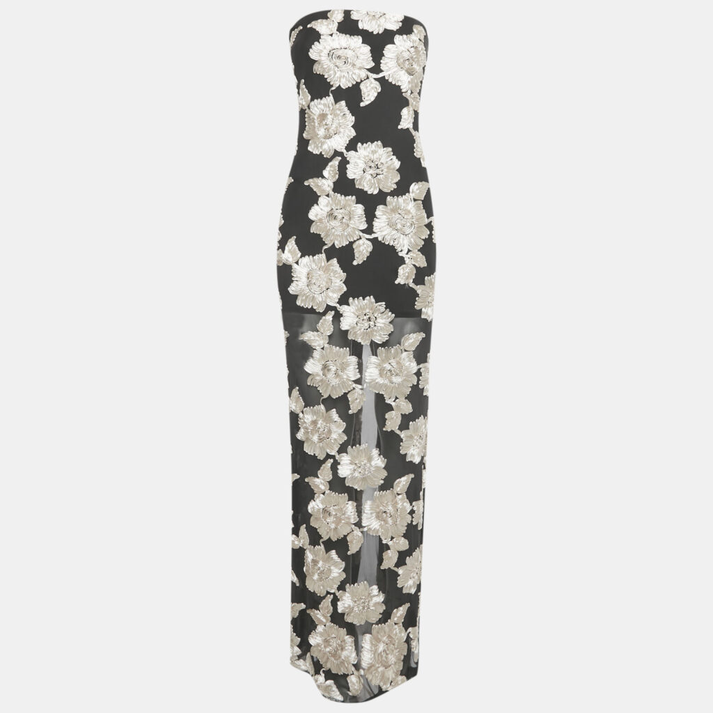 ROTATE BIRGER CHRISTENSEN Black Mesh Floral Applique Strapless Maxi Dress S ROTATE BIRGER CHRISTENSEN Black Mesh Floral Applique Strapless Maxi Dress S