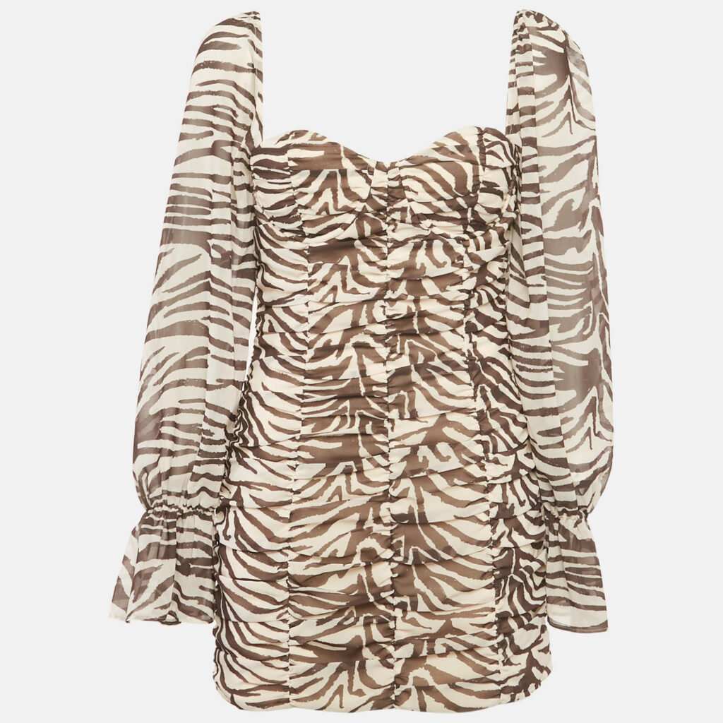 Runaway The Label Brown Animal Skin Print Chiffon Ruche Mini Dress M Runaway The Label Brown Animal Skin Print Chiffon Ruche Mini Dress M