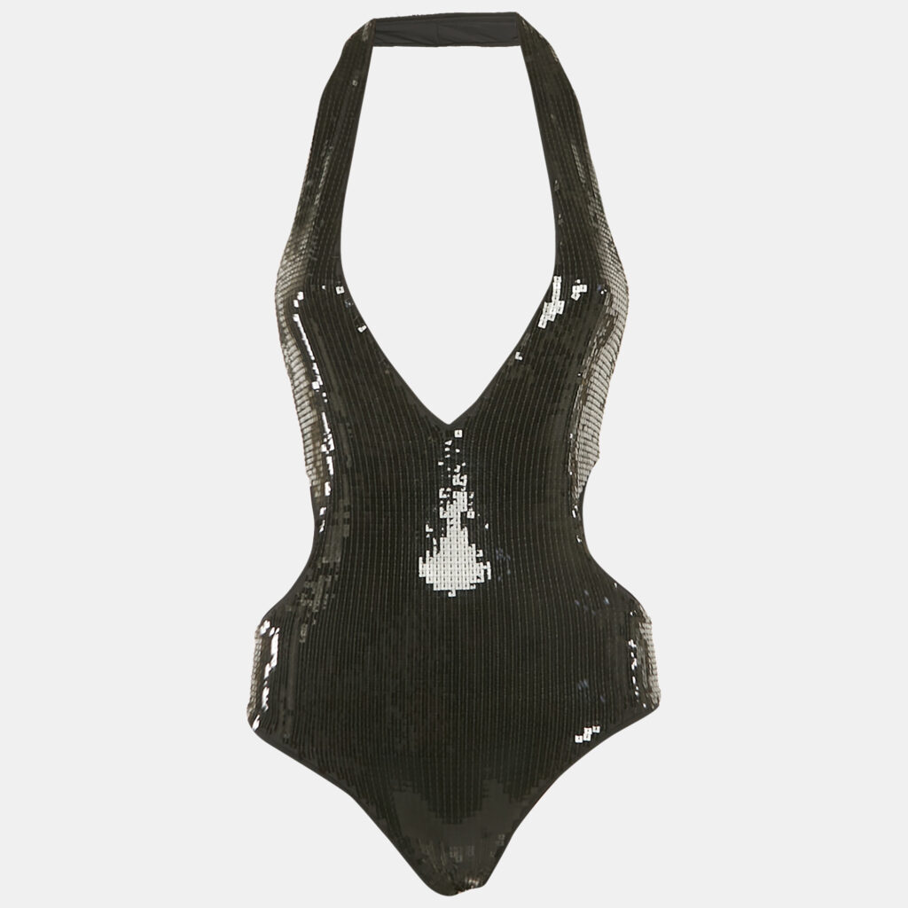 Saint Laurent Paris Black Sequin Embellished Jersey Cut-Out Swimsuit XS