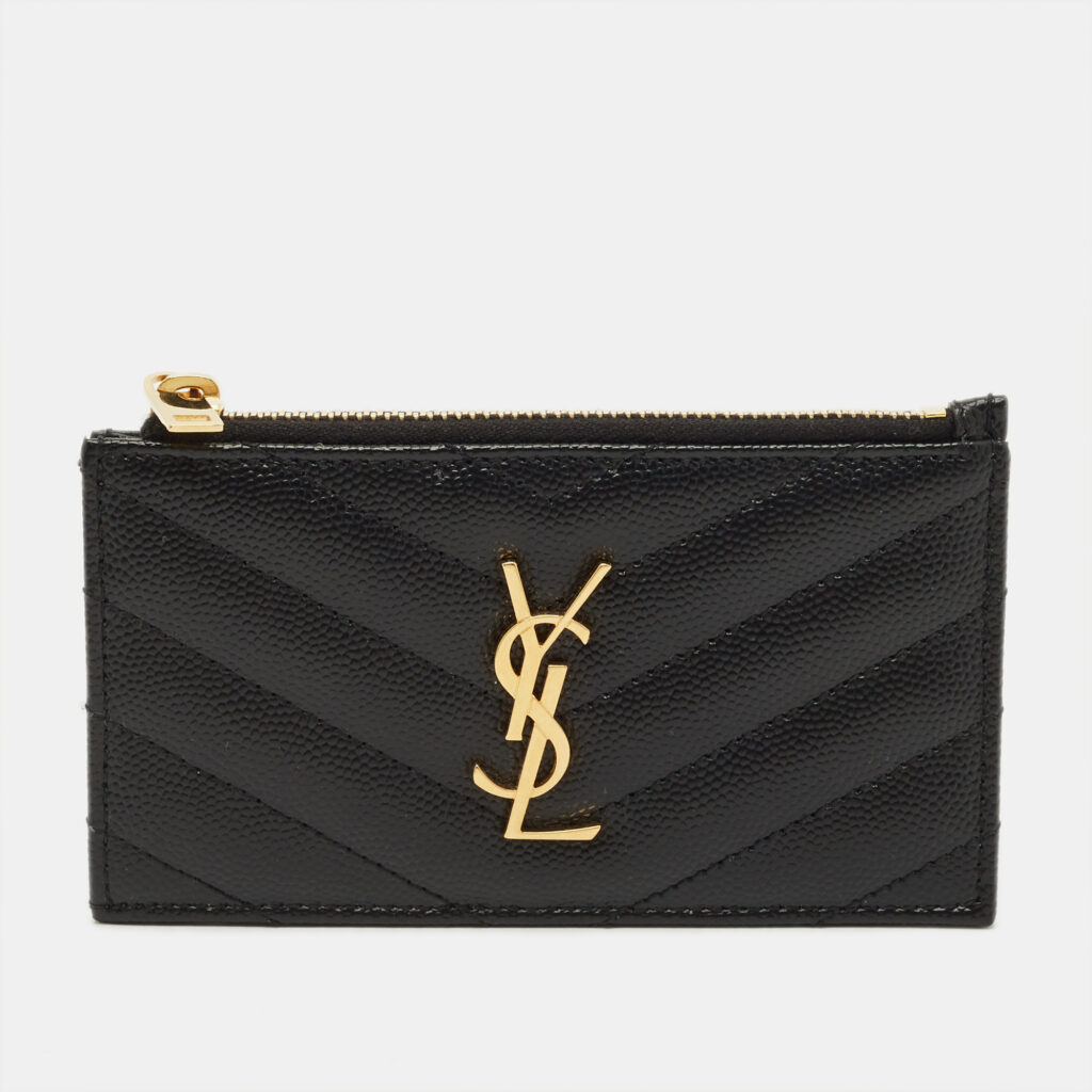 Saint Laurent Tiny Cassandre Black Matelassé Leather Zipped Card Holder