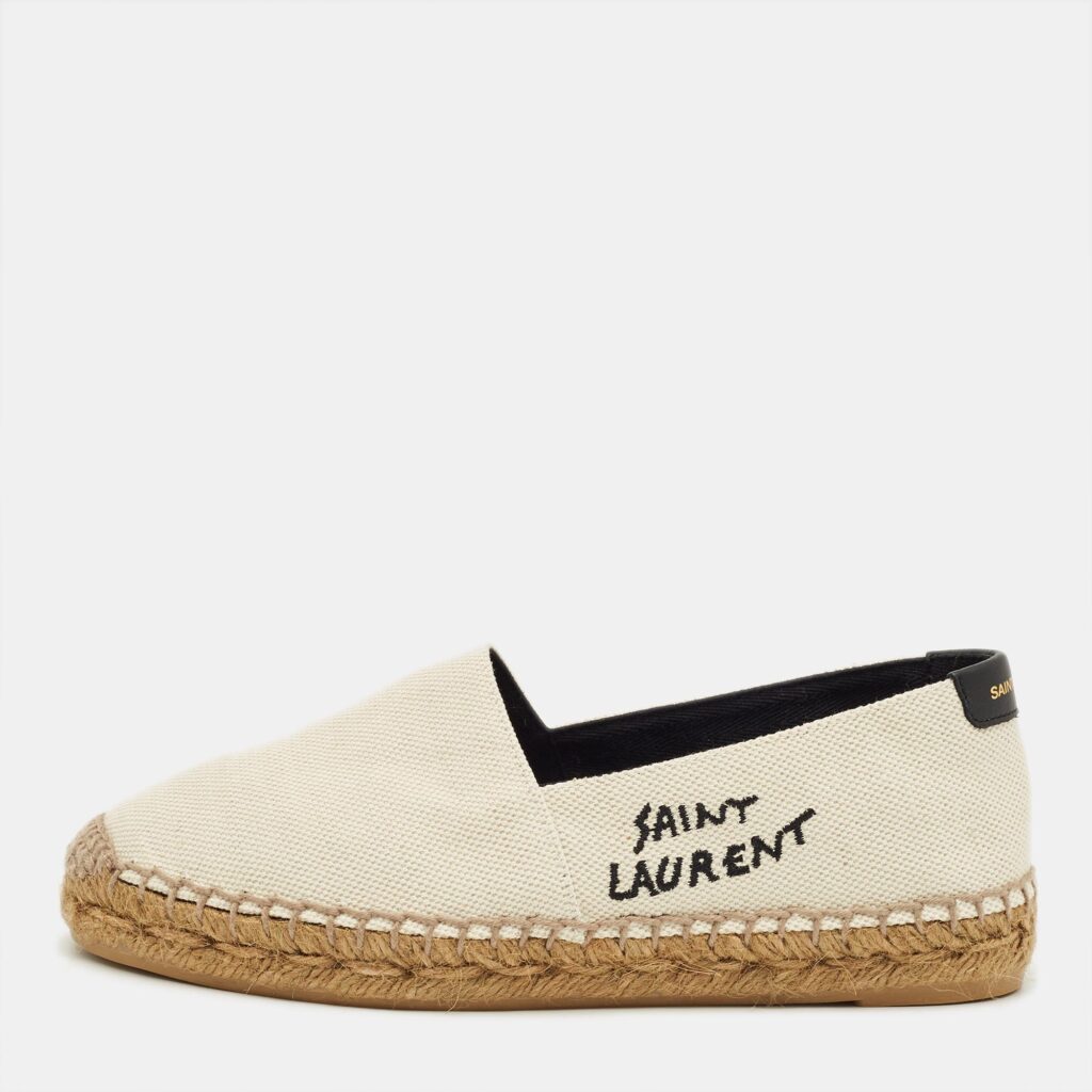 Saint Laurent Cream Canvas Logo Embroidered Slip On Espadrille Flats Size 34 Saint Laurent Cream Canvas Logo Embroidered Slip On Espadrille Flats Size 34