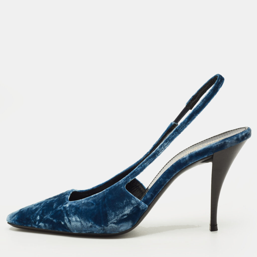Saint Laurent Size 38.5 Navy Blue Velvet Slingback Pumps