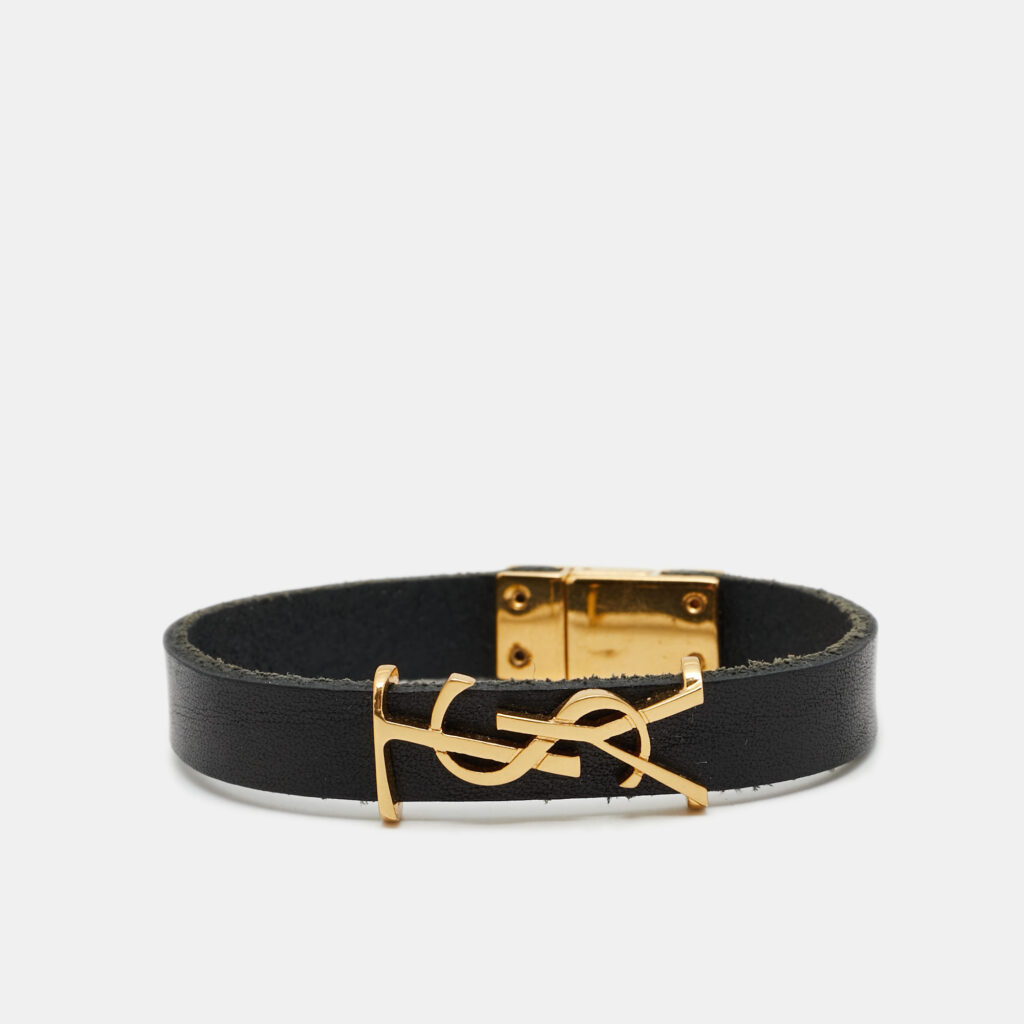 luxury-women-saint-laurent-paris-used-accessories-p1246249-001.jpg Saint Laurent Opyum Black Leather Gold Tone Bracelet