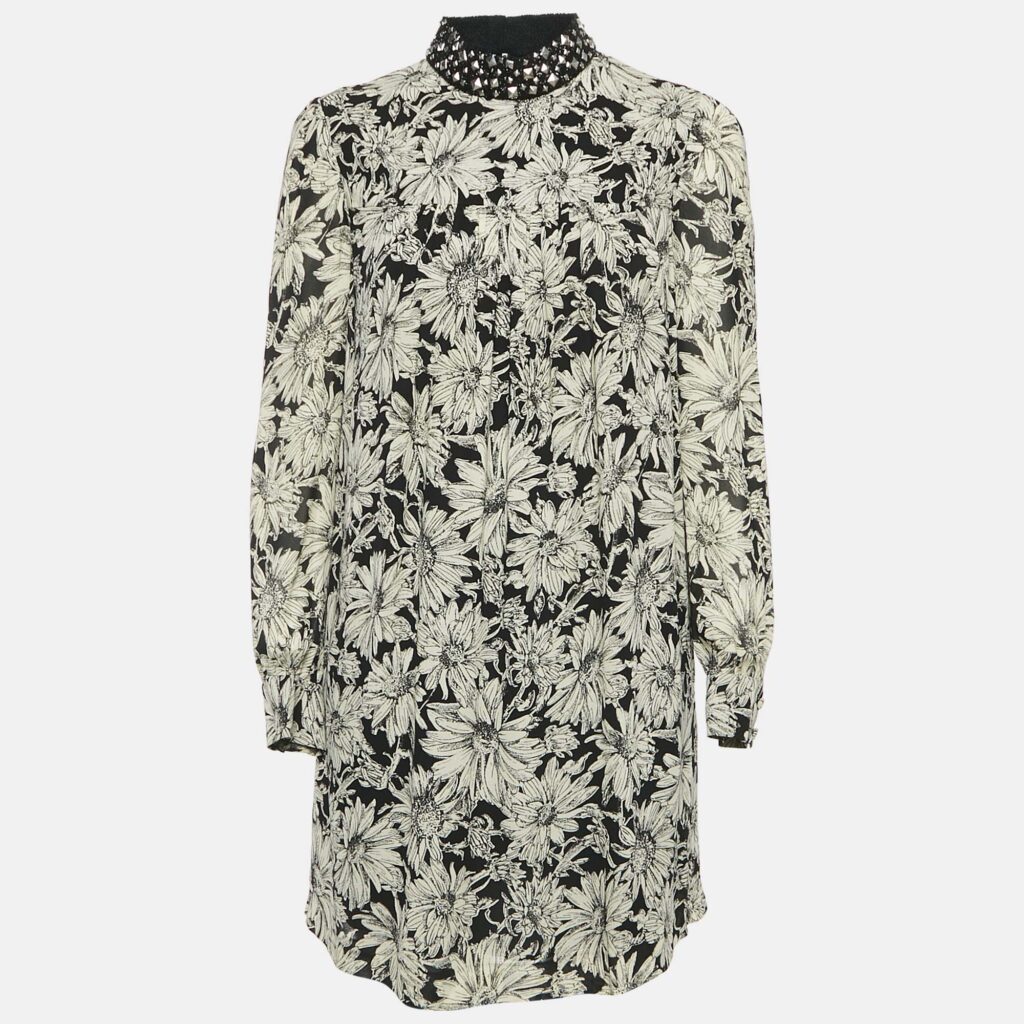 Saint Laurent Paris Black/Cream Floral Print Crepe Pleated Mini Dress S Saint Laurent Paris Black/Cream Floral Print Crepe Pleated Mini Dress S