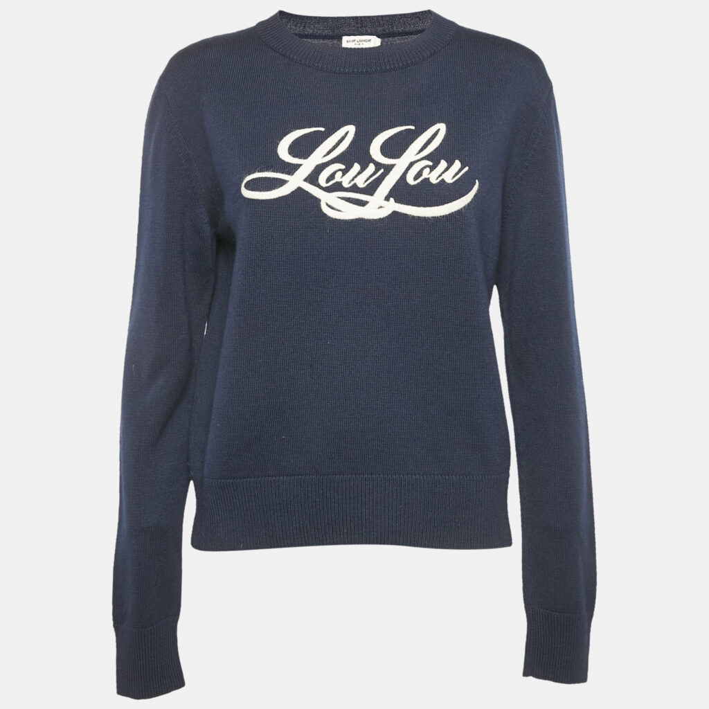 Saint Laurent Blue Embroidered Rib Knit Crewneck Sweater S