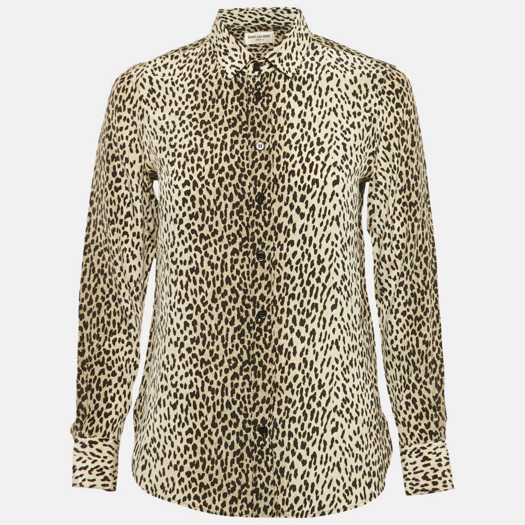 Saint Laurent Beige Leopard Print Silk Long Sleeve Shirt S