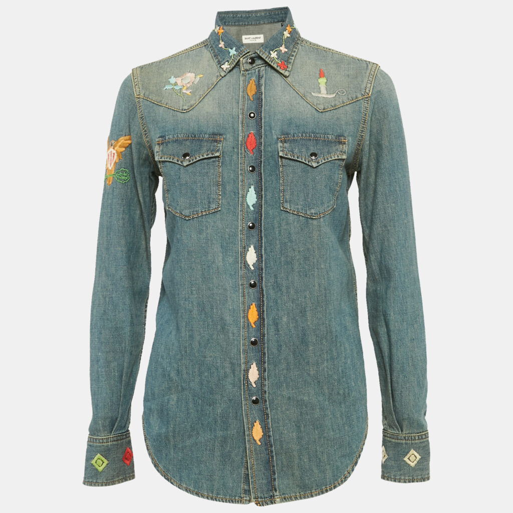 Saint Laurent Blue Embroidered Denim Button Front Blouse S