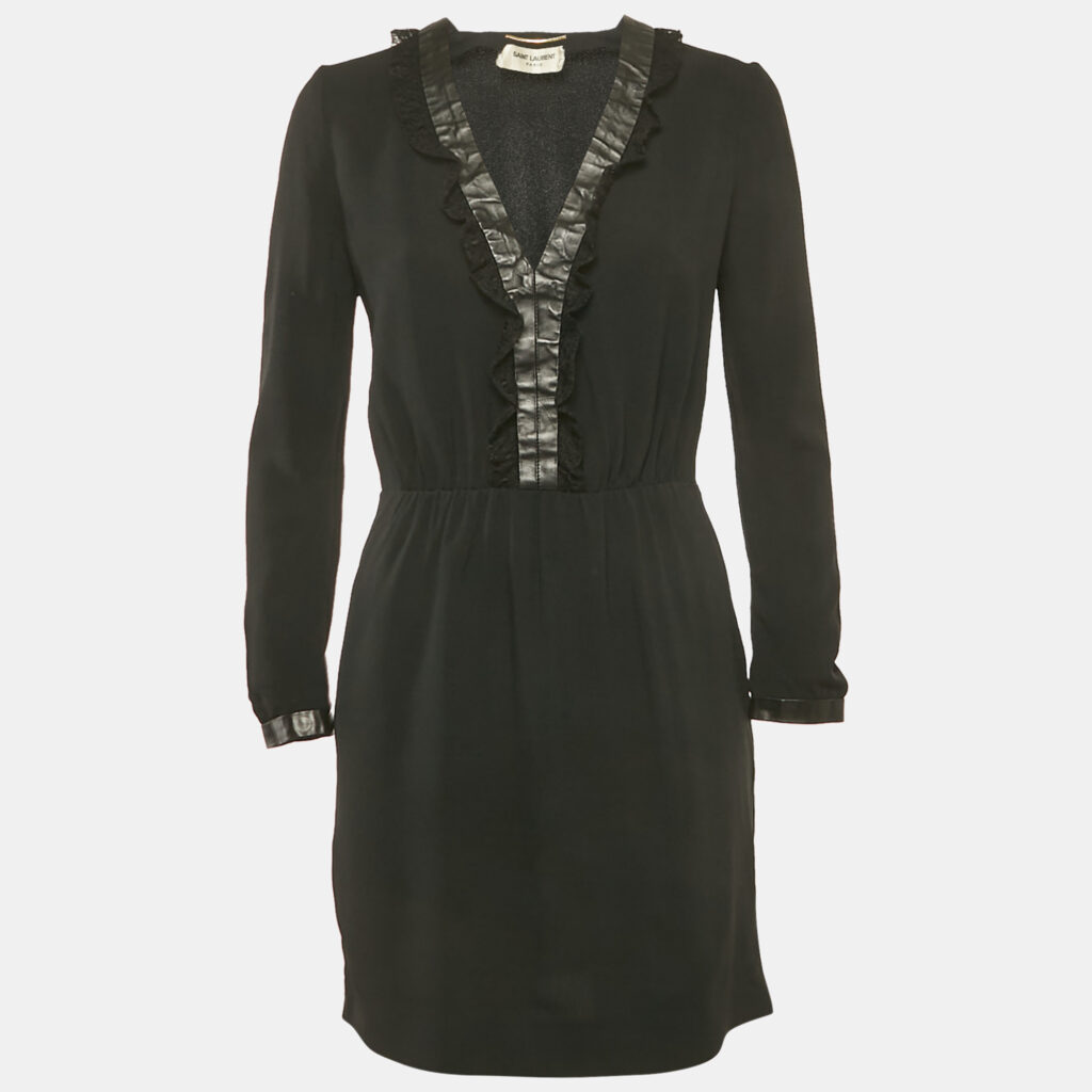 Saint Laurent Black Leather and Lace Trim Crepe Mini Dress M Saint Laurent Black Leather and Lace Trim Crepe Mini Dress M